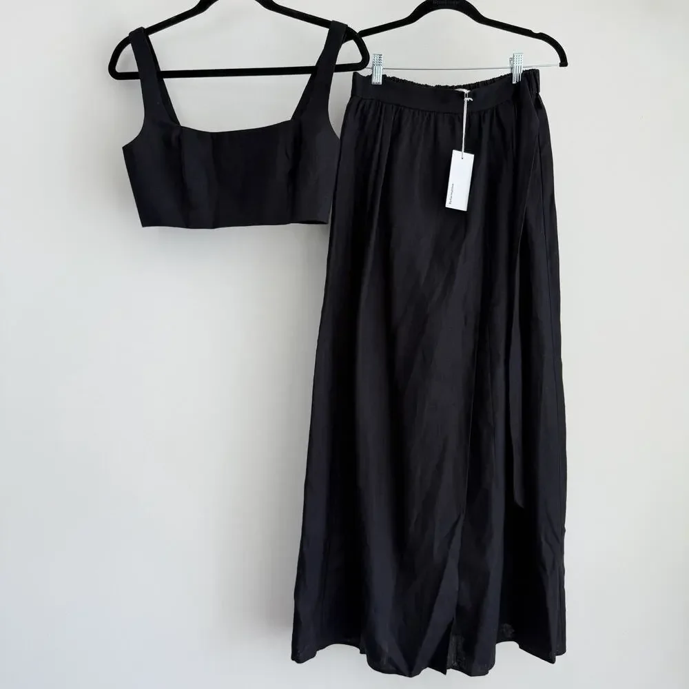 Reformation Linen Palm Set 4 Black Two Piece Set Crop Top Skirt Vacation Resort